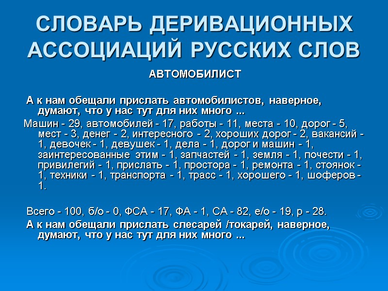 СЛОВАРЬ ДЕРИВАЦИОННЫХ АССОЦИАЦИЙ РУССКИХ СЛОВ  АВТОМОБИЛИСТ   А к нам обещали прислать